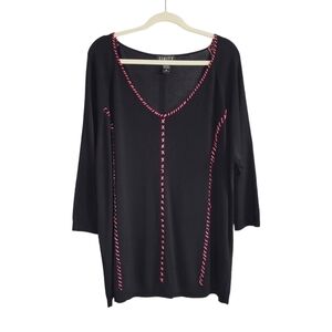 Finity Women's Black Stretchy V-Neck Embroidered Stitching Detail Blouse Size 3X